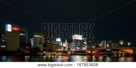 Tokyo Japan - May 3 2017: The red bridge accross Sumida River in Asakusa area.