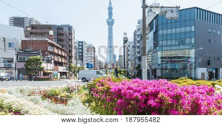 Tokyo Japan - May 2 2017: Road Intersection in Sumida ward that lead to Tokyo Skytree