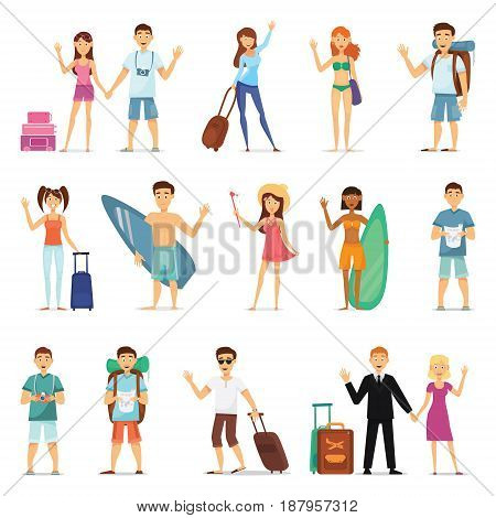 People and couples travelling, surfing, leisure, hiking. Character design. Flat design vector illustration