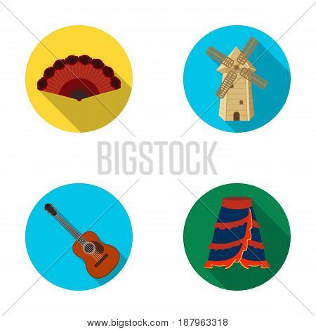 Fan Spanish, mill, guitar, skirt for national Spanish dances. Spain country set collection icons in flat style vector symbol stock illustration .