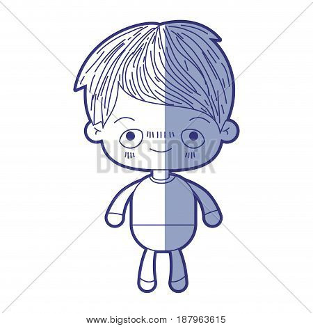 blue shading silhouette of kawaii little boy with embarrassed facial expression vector illustration