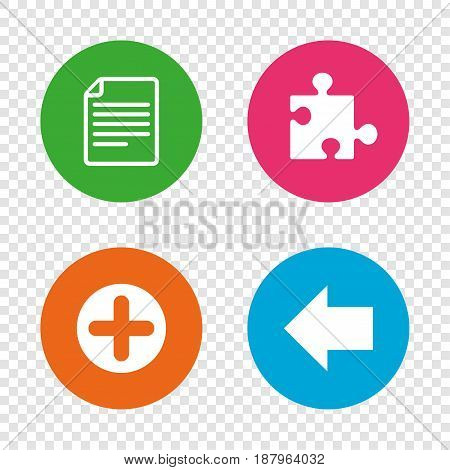 Plus add circle and puzzle piece icons. Document file and back arrow sign symbols. Round buttons on transparent background. Vector