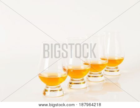 Set Of Single Malt Tasting Glasses, Single Malt Whisky In A Glasses, White Background