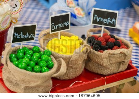 SAO PAULO, BRAZIL, 2017: Bubble gums of fruits for a party.