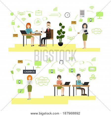 Vector illustration of bank managers, customer service representatives and clients. Bank people, bank symbols, icons isolated on white background. Flat style design elements.