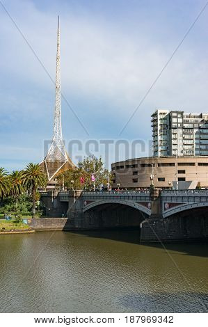 Melbourne Cityscape With Princes Bridge And Melbourne Arts Centre Building