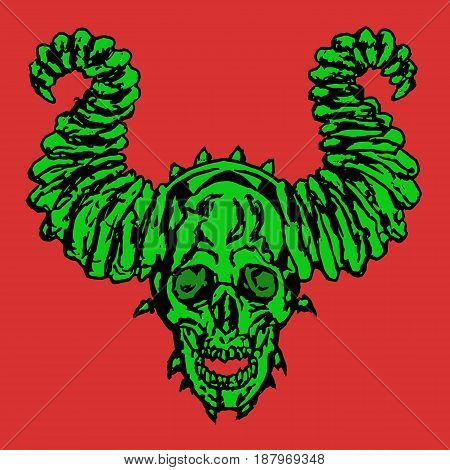 Horror demonic skull with horns. Vector illustration. Apocalypse demon from hell.
