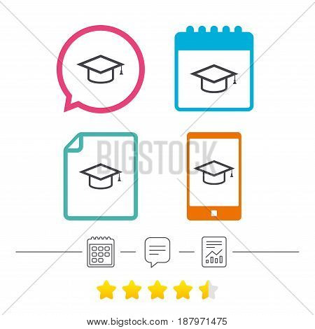 Graduation cap sign icon. Higher education symbol. Calendar, chat speech bubble and report linear icons. Star vote ranking. Vector
