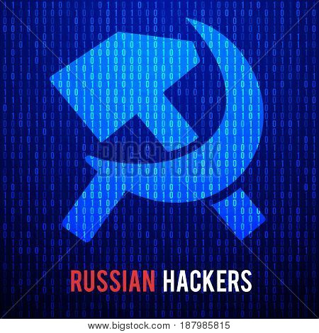 Russian hackers concept with hammer and sickle symbol. Abstract Matrix Background. Binary Computer Code. Coding and Hack concept. Vector Tech Background Illustration.