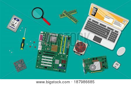 Motherboard, hard drive, cpu, fan, graphic card, memory and screwdriver. Mouse and laptop. Assembling PC. Personal computer hardware. Vector illustration in flat style