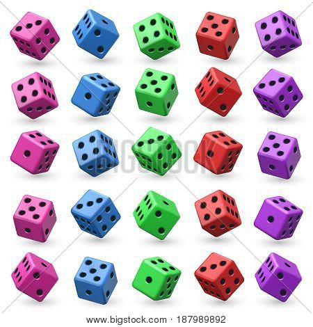 Playing dice vector set. 3d cube with numbers for board casino game. Set of colored dice for game illustration