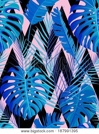 Tropical Seamless Pattern With Exotic Palm Leaves.