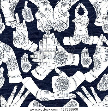 Seamless pattern with mudras on textured background. Mudras with mehndi henna patterns on hands, ethnic hindu ornament