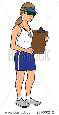 A Female High School Coach In Sun Glasses Is Checking Her Clipboard
