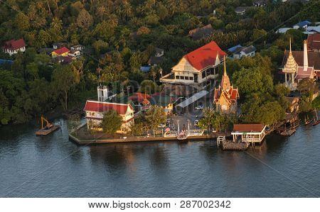 High Angle View Overlooking Bang Krachao Temple Outside The Chao Phraya River