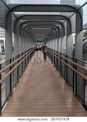 Jakarta, Indonesia - February 1, 2019: People Walking On The Hallway Of Gelora Bung Karno (gbk) Pede