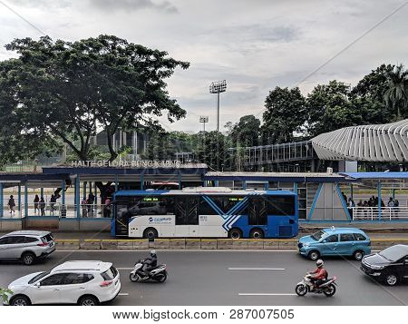 Jakarta, Indonesia - February 1, 2019: Transjakarta Bus Picking Up The Passengers At Gelora Bung Kar