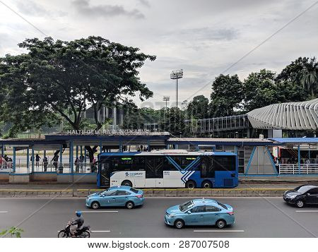 Jakarta, Indonesia - February 1, 2019: Transjakarta Bus Picking Up The Passengers At Gelora Bung Kar