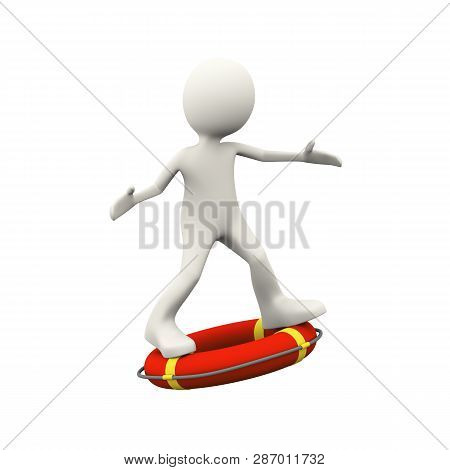 3d Illustration Of Man Surfing On Ife Preserver Lifebuoy Ring. 3d Human Person Character And White P