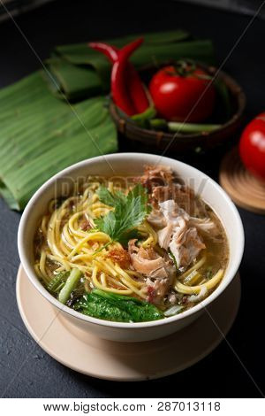 Asian soup noodles and chicken in bowl on dark background. 