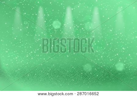 Green Wonderful Glossy Abstract Background Stage Spotlights With Sparks Fly Defocused Bokeh - Festal