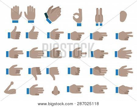 Set Of Black Hands Emojis And Icons. Symbols And Signs. Different Hands, Gestures, Signals And Signs