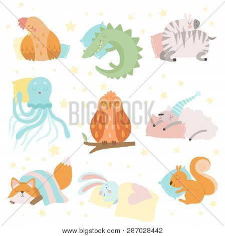 Cute Animals Sleeping Set, Hen, Zebra, Crocodile, Octopus, Sheep, Squirrel, Fox, Bunny, Owl With Pil
