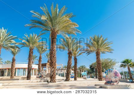 Eilat, Israel - February 9, 2019: Palms And Fish Sculptures In Gan Binyamin Central Park.