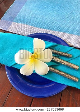 Food Decoration With White Plumeria Rubra Flower,  Sri Lanka. Blue Food Decoration.