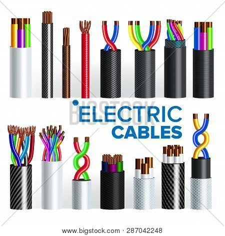 Electric Cables Set Vector. Copper Wire. Electrician Rubber Cord. Industrial Network Power. Electric