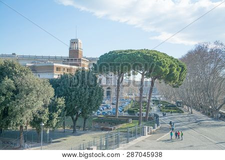 Rome, Italy - February 16, 2015: Rome Cityscape Aerial View Strett With People