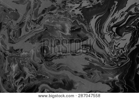 Suminagashi Marble Texture Hand Painted With Grey Ink. Digital Paper 151 Performed In Traditional Ja