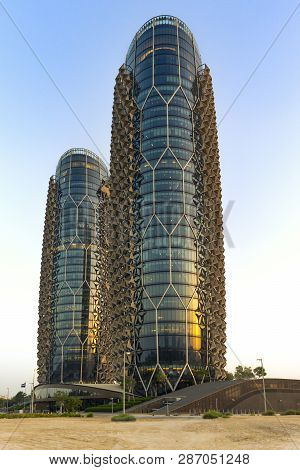 Abu Dhabi, United Arab Emirates - Apr.14, 2017: Al Bahr Towers - Paired Towers - Skyscrapers Built B
