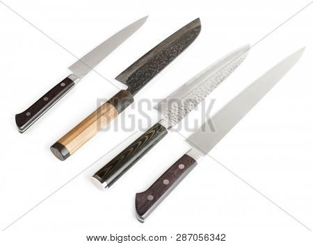 Set of new and used kitchen knives isolated on white background