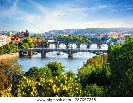 Row Of Bridges In Prague At Summer Day