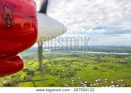 Air Travel In Fiji, Melanesia, Oceania. View Of Rewa River, Nausori Town, Viti Levu Island From A Wi