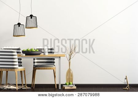 Mock Up Wall In Interior With Dining Area. Living Room Modern Style. 3d Illustration
