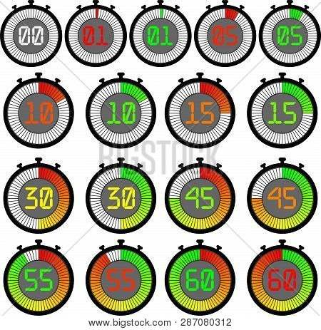 Set Electronic Stopwatch With A Gradient Dial Starting With Red Or Green. 00, 01, 05, 10, 15, 30, 45
