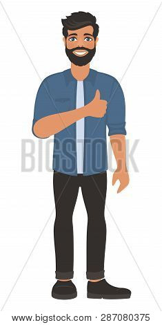 Happy Smiling Man Shows Thumbs Up. Gesture, Symbol Or Sign Like, Cool, Agree, Approve. Bearded Dark-