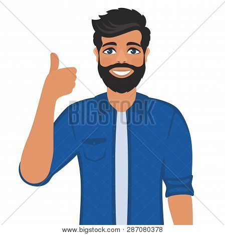 Happy Smiling Man Shows Thumbs Up. Gesture, Symbol Or Sign Like, Cool, Agree, Approve. Bearded Dark-