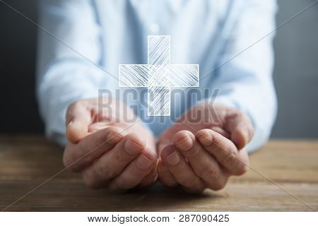 Man Touching Plus Or Cross Sign In Screen