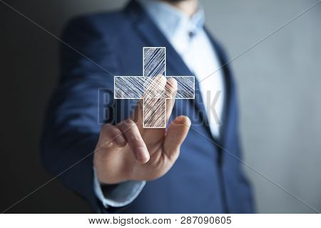 Man Touching Plus Or Cross Sign In Screen