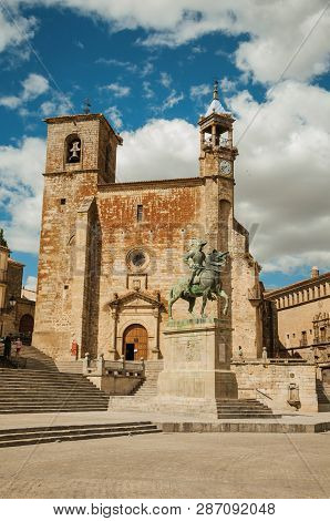 San Martin Church And Pizarro Statue In The Plaza Mayor Of Trujillo