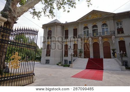 Bucharest, Romania - August 28, 2018: View of House Manu-Ausschnitt (Casa Manu-Auschnitt), built in 1915 according to the plans of the architect Grigore Cerchez, in Bucharest. Today the house belongs to FCSB football club financier, George Becali.