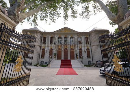 Bucharest, Romania - August 28, 2018: View of House Manu-Ausschnitt (Casa Manu-Auschnitt), built in 1915 according to the plans of the architect Grigore Cerchez, in Bucharest. Today the house belongs to FCSB football club financier, George Becali.