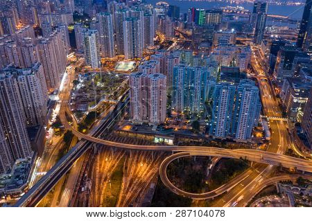 Kowloon Bay, Hong Kong, 16 February 2019:  Top down view of Hong Kong Kowloon side at night
