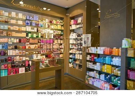 DUSSELDORF, GERMANY - CIRCA SEPTEMBER, 2018: perfumes and cosmetics on display at Pieper Perfume in Dusseldorf.