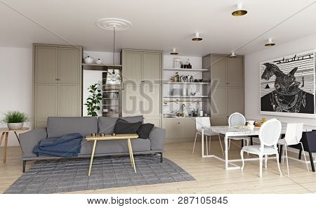 modern house interior. Sofa and kitchen zone. 3d rendering concept