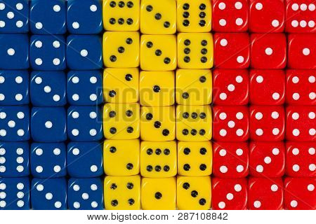 National Flag Of Chad In Colorful Background Of Dices, Capital City Ndjamena