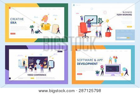 Creative Teamwork Concept Set Landing Page. People Character At Video Conference Meeting. Work Toget